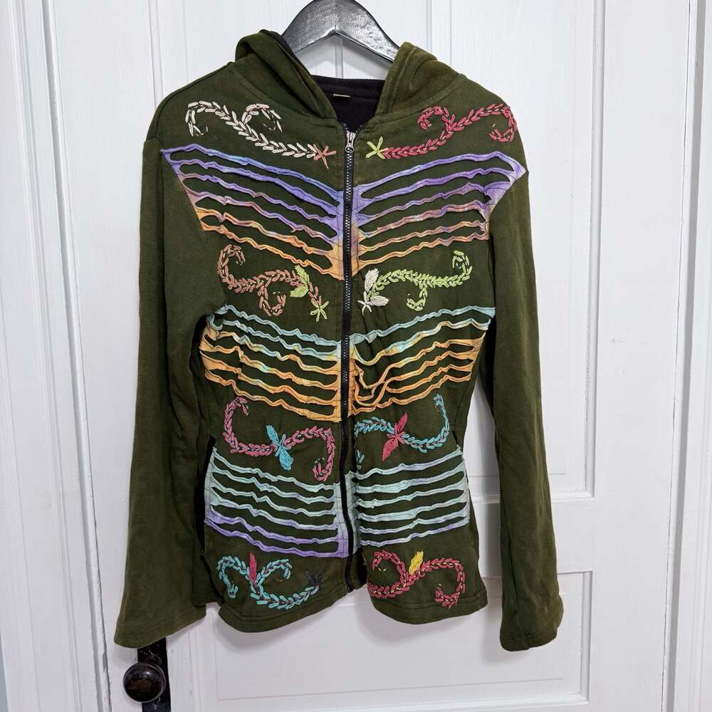 Nepal Boho Hippie Razor Cut Embroidered Zip Hoodie, Festival Fairy Grunge XXL